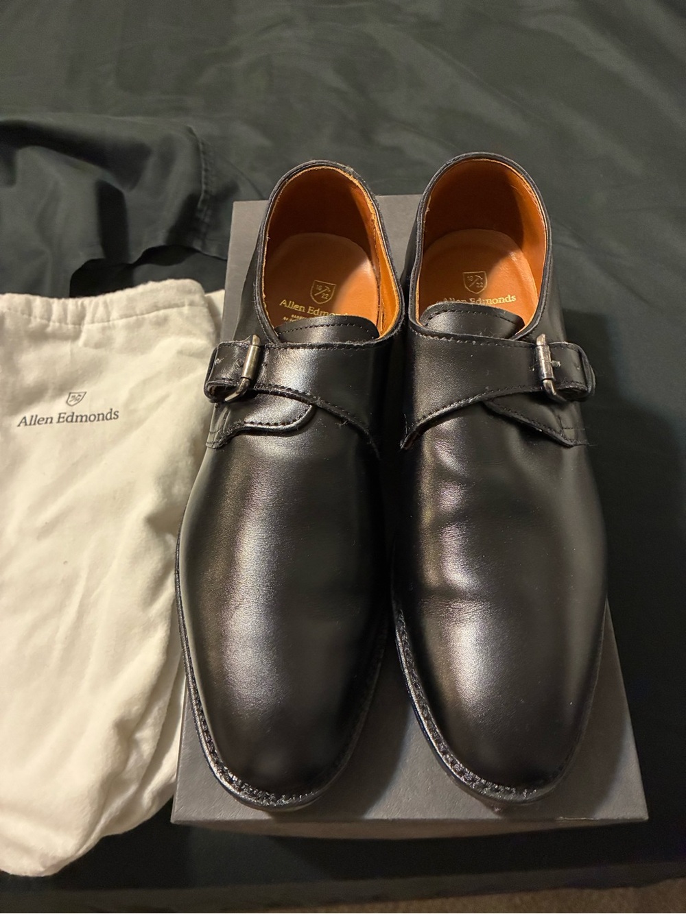 Allen Edmonds Black Leather Single Monk Strap Slip-On Dress Shoes